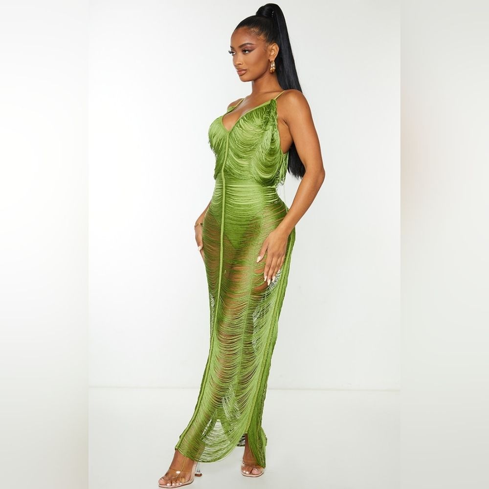 PrettyLittleThing Shape Olive Fringe Detail Midaxi Dress Size 10 Green NWT